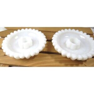 Hazel Atlas Milk  2 Glass Taper Candle Holders Round Floral Daisy Theme MCM